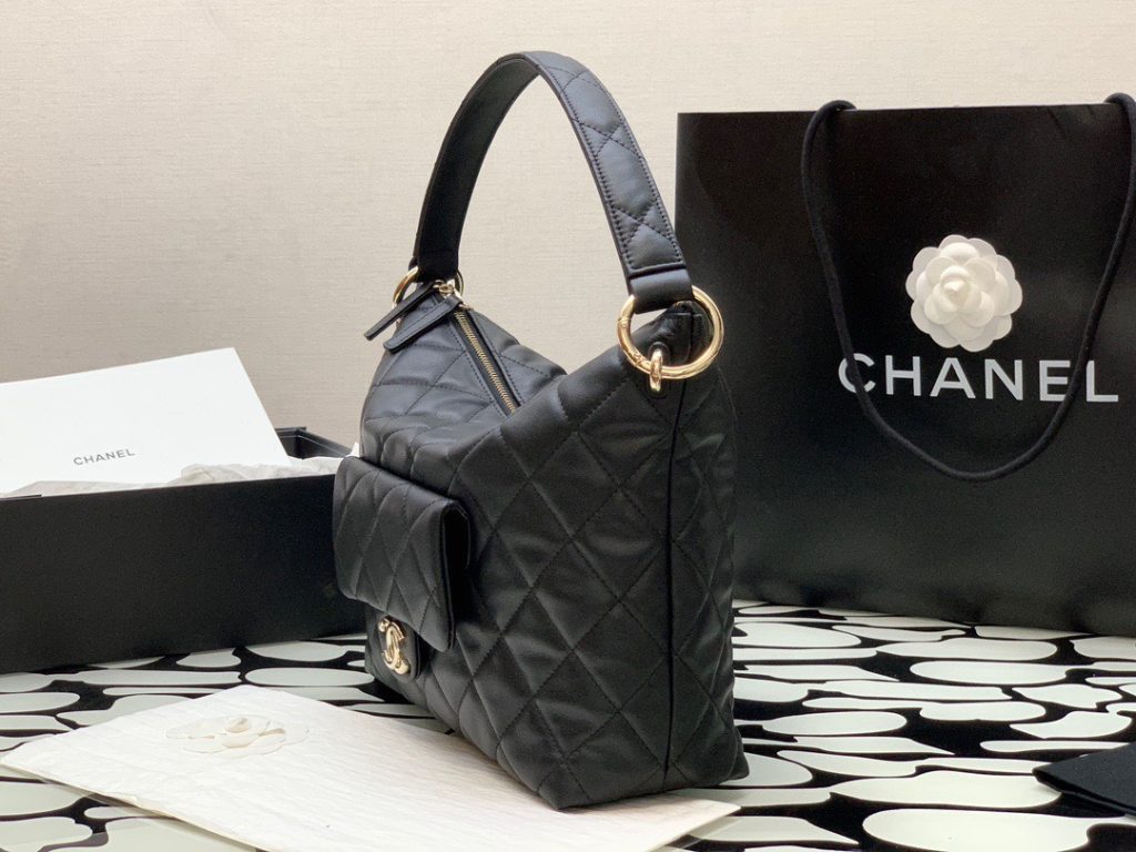 Chanel Maxi Hobo Leather Plain Replica Handbags Black Color 29cm