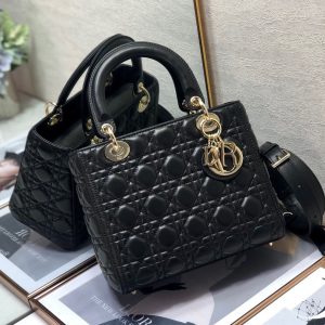 Dior Medium Lady Dior Leather Black Replica Handbags 24cm