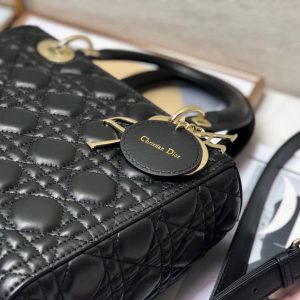 Dior Medium Lady Dior Leather Black Replica Handbags 24cm