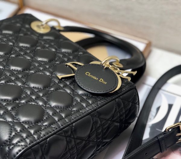 Dior Medium Lady Dior Leather Black Replica Handbags 24cm