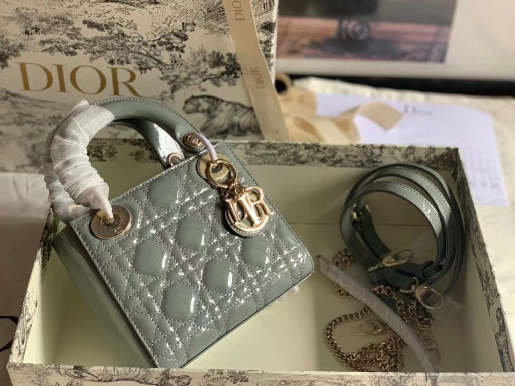 Dior Lady Mini Dior Glossy Gray Leather Replica Handbags 18cm