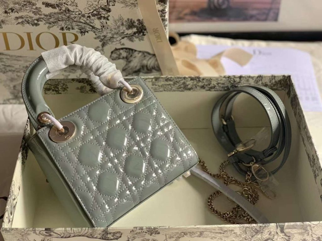 Dior Lady Mini Dior Glossy Gray Leather Replica Handbags 18cm
