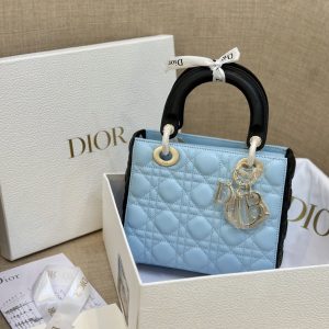 Dior Lady Small Dior Women Two-Tone Sky Blue And Black Replica Handbags 20cm