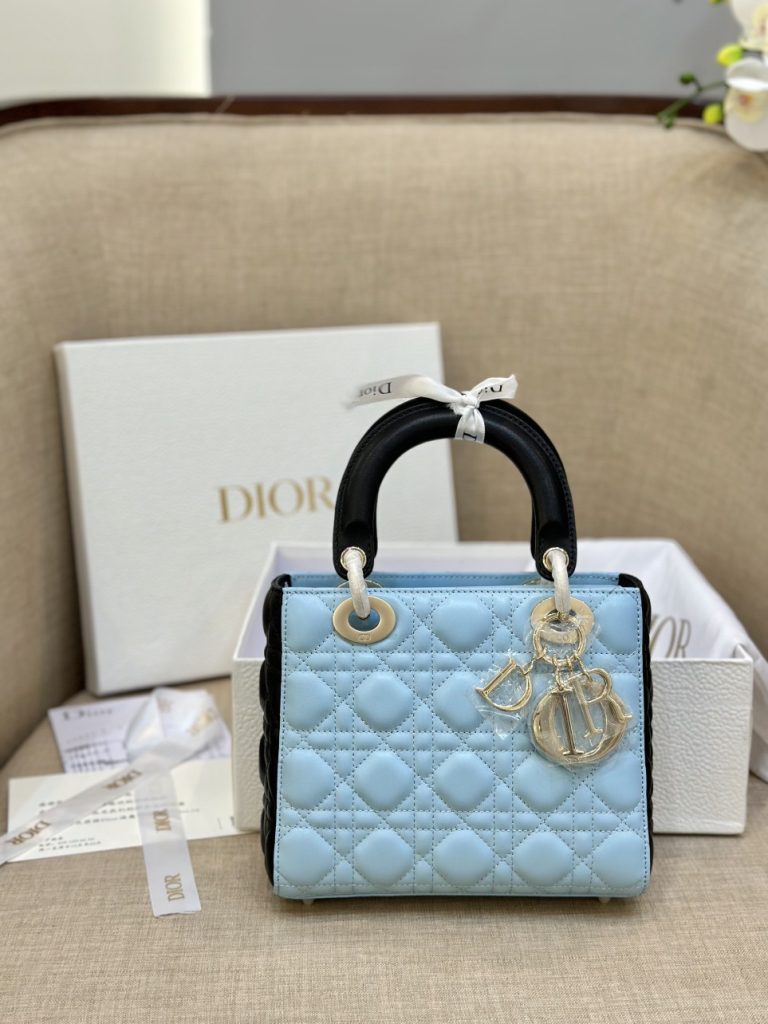 Dior Lady Small Dior Women Two-Tone Sky Blue And Black Replica Handbags 20cm