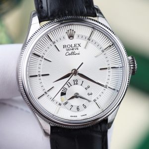 Đồng Hồ Rolex Cellini Dual Time 50525 Replica 11 Mặt Bạc Dây Da Nhà Máy KZ 39mm