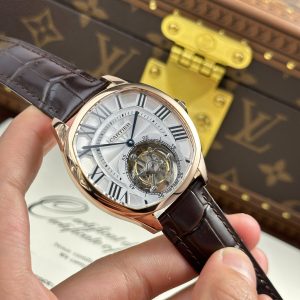 Đồng Hồ Cartier Drive Tourbillon Replica 11 Mặt Số Vân Guiloche Dây Da Nâu 41mm