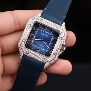 Đồng Hồ Cartier Santos Nam Chế Tác Đô Kim Cương Moissanite Màu Xanh Blue 39.8mm