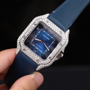 Đồng Hồ Cartier Santos Nam Chế Tác Đô Kim Cương Moissanite Màu Xanh Blue 39.8mm
