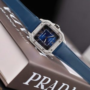 Đồng Hồ Cartier Santos Nam Chế Tác Đô Kim Cương Moissanite Màu Xanh Blue 39.8mm