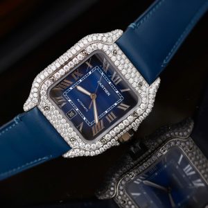 Đồng Hồ Cartier Santos Nam Chế Tác Đô Kim Cương Moissanite Màu Xanh Blue 39.8mm