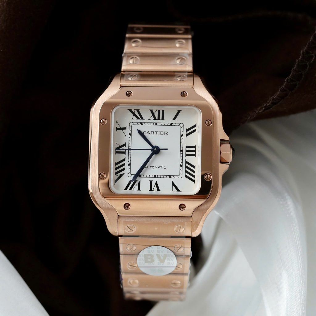Đồng Hồ Cartier Santos Rep11 Nữ Mạ Vàng Hồng Mặt Trắng Nhà Máy BV 35.5mm