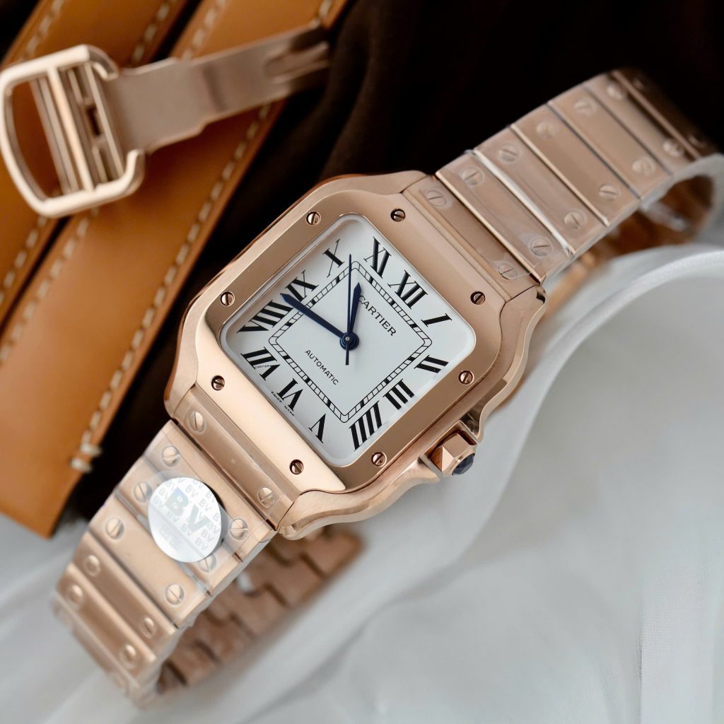 Đồng Hồ Cartier Santos Rep11 Nữ Mạ Vàng Hồng Mặt Trắng Nhà Máy BV 35.5mm