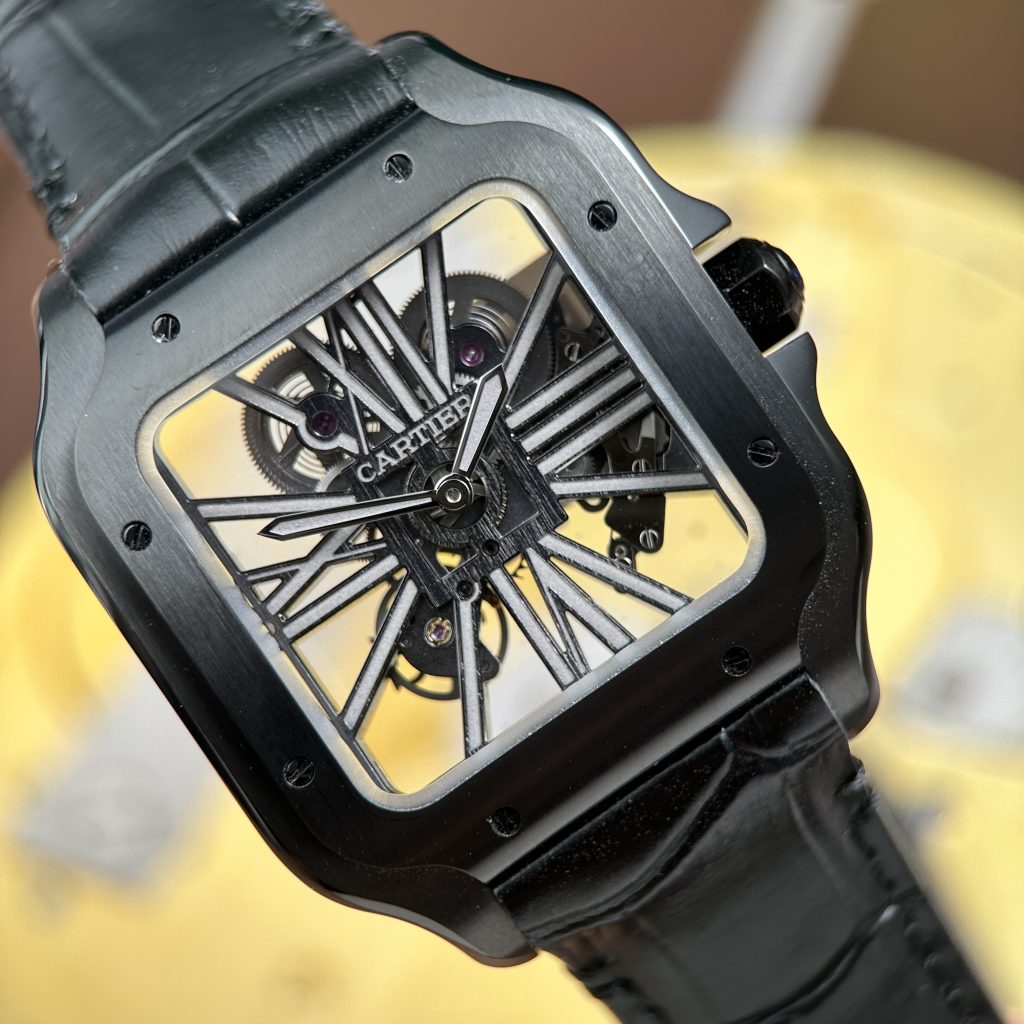 Đồng Hồ Cartier Santos de Cartier Rep Cao Cấp Skeleton Dây Da Đen Nhà Máy MLF 39.8mm