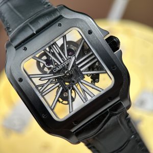 Đồng Hồ Cartier Santos de Cartier Rep Cao Cấp Skeleton Dây Da Đen Nhà Máy MLF 39.8mm