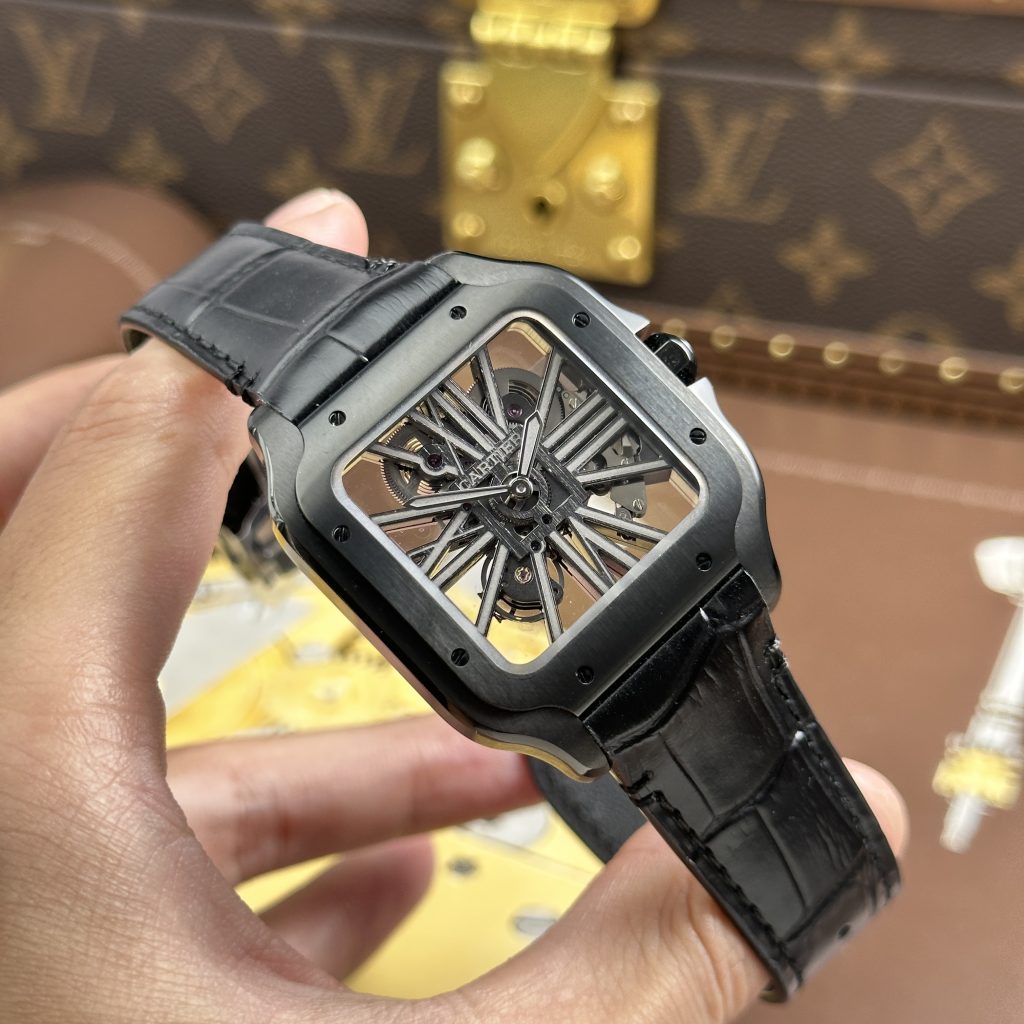 Đồng Hồ Cartier Santos de Cartier Rep Cao Cấp Skeleton Dây Da Đen Nhà Máy MLF 39.8mm