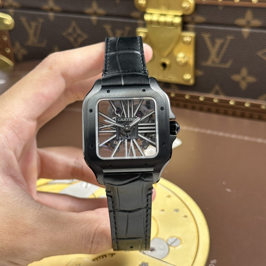 Đồng Hồ Cartier Santos de Cartier Rep Cao Cấp Skeleton Dây Da Đen Nhà Máy MLF 39.8mm