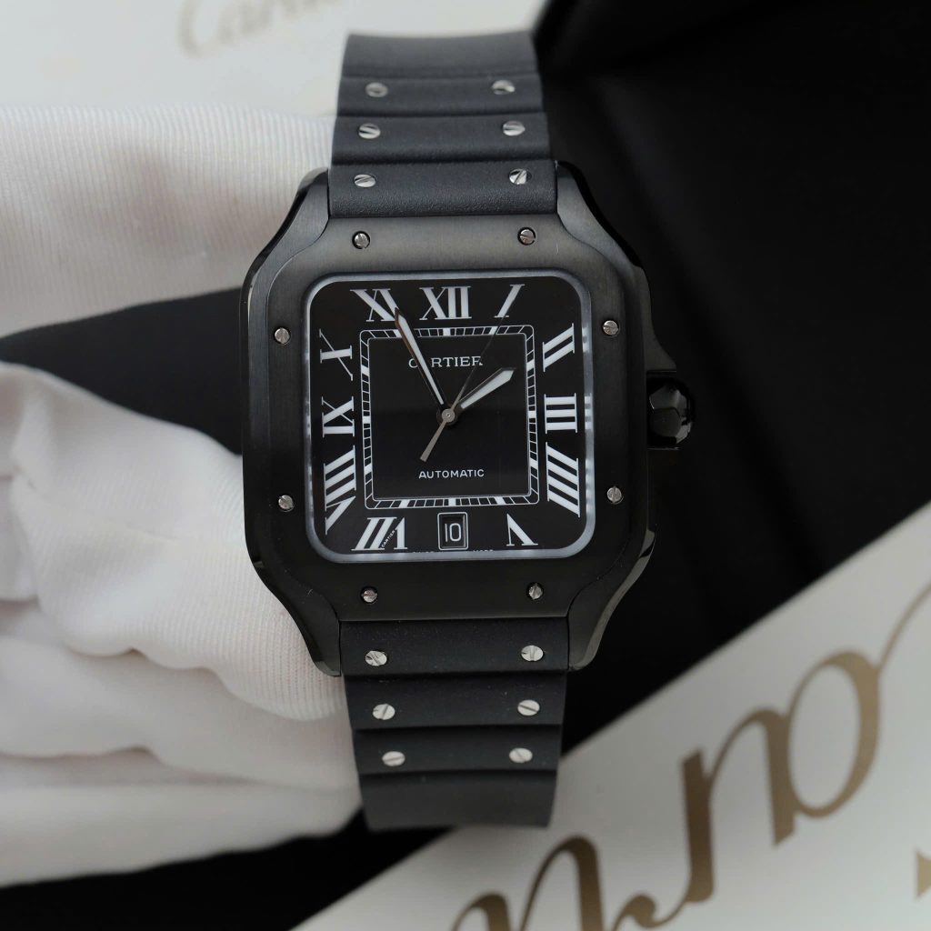 Đồng Hồ Cartier Santos de Cartier Replica 11 Dây Cao Su Đen Nhà Máy BV 39.8mm