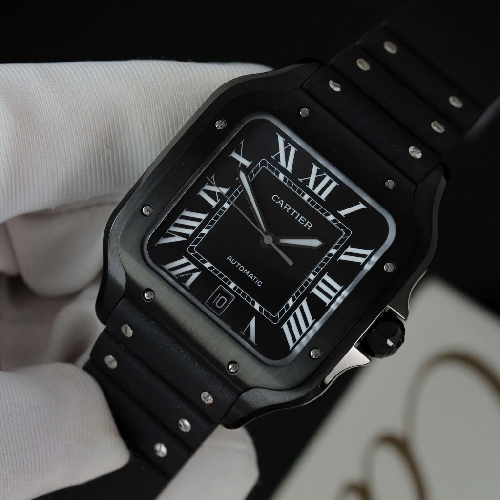 Đồng Hồ Cartier Santos de Cartier Replica 11 Dây Cao Su Đen Nhà Máy BV 39.8mm