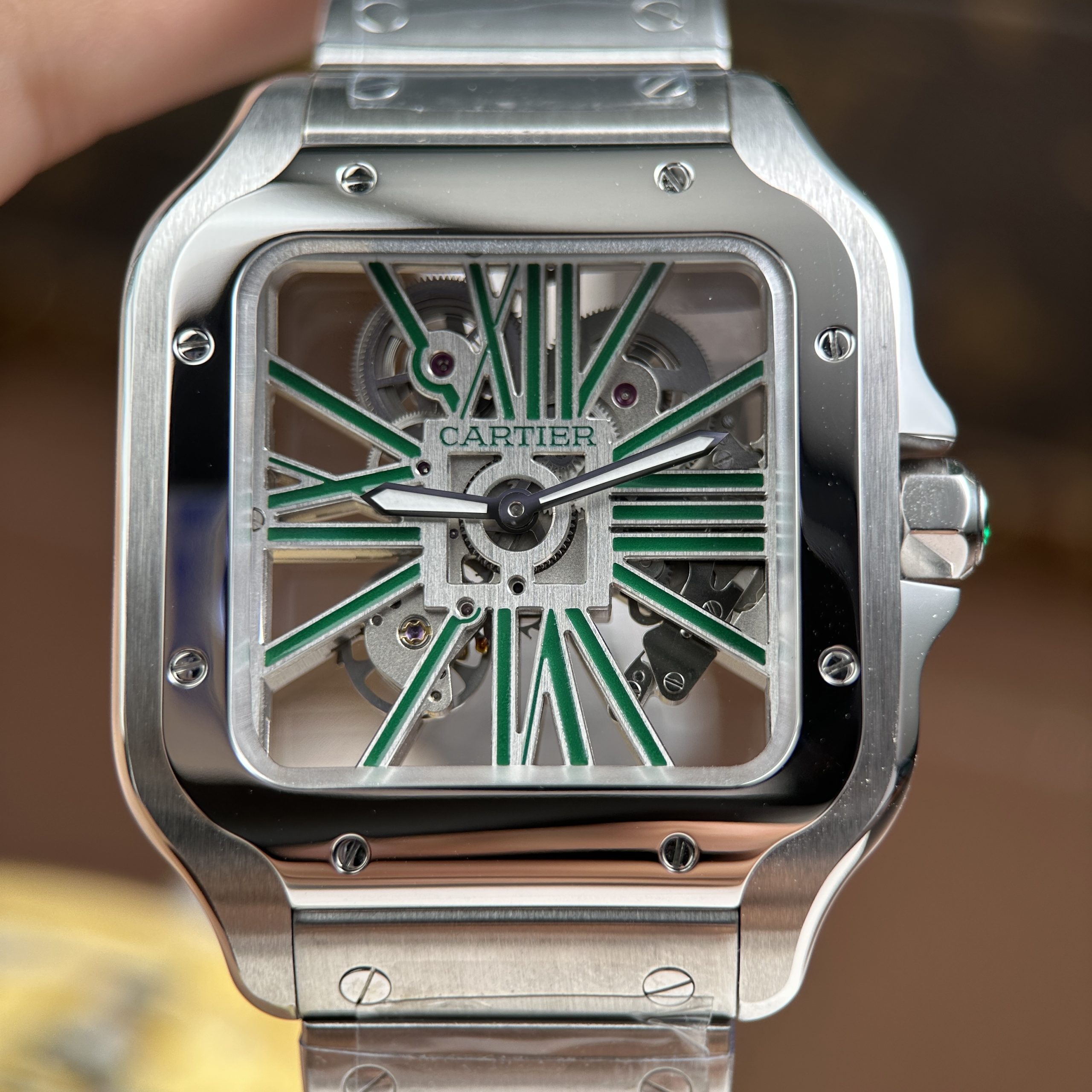 Đồng Hồ Cartier Santos de Cartier Skeleton Rep 11 Demi Mặt Xanh Lá Cây Nhà Máy MLF 39 (13) Đồng Hồ Cartier Santos de Cartier Skeleton Rep 11 Demi Mặt Xanh Lá Cây Nhà Máy MLF 39.8mm