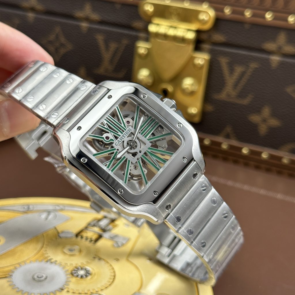 Đồng Hồ Cartier Santos de Cartier Skeleton Rep 11 Demi Mặt Xanh Lá Cây Nhà Máy MLF 39.8mm
