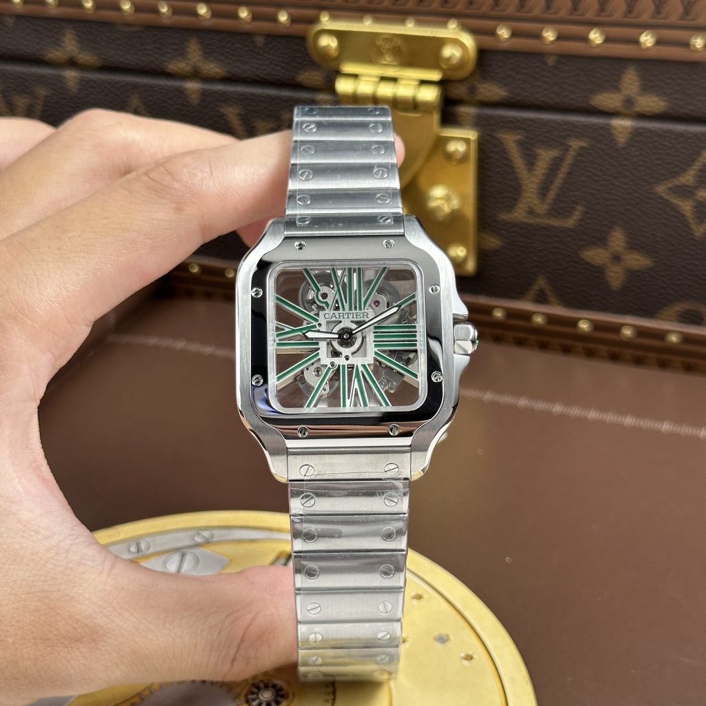 Đồng Hồ Cartier Santos de Cartier Skeleton Rep 11 Demi Mặt Xanh Lá Cây Nhà Máy MLF 39.8mm
