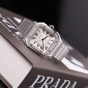 Đồng Hồ Catier Santos Chế Tác Kim Cương Moissanite Mặt Trắng Dây Kim Loại 39.8mm