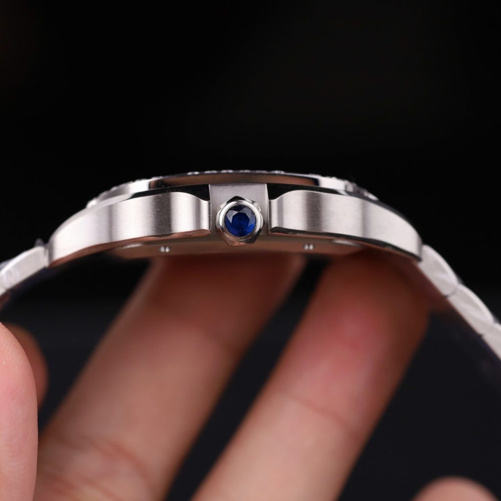 Đồng Hồ Catier Santos Chế Tác Kim Cương Moissanite Mặt Trắng Dây Kim Loại 39.8mm