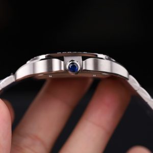 Đồng Hồ Catier Santos Chế Tác Kim Cương Moissanite Mặt Trắng Dây Kim Loại 39.8mm