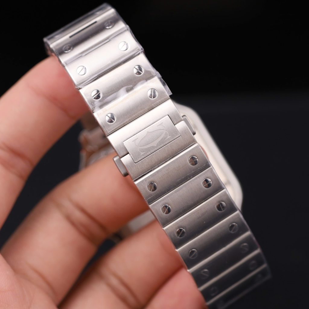 Đồng Hồ Catier Santos Chế Tác Kim Cương Moissanite Mặt Trắng Dây Kim Loại 39.8mm