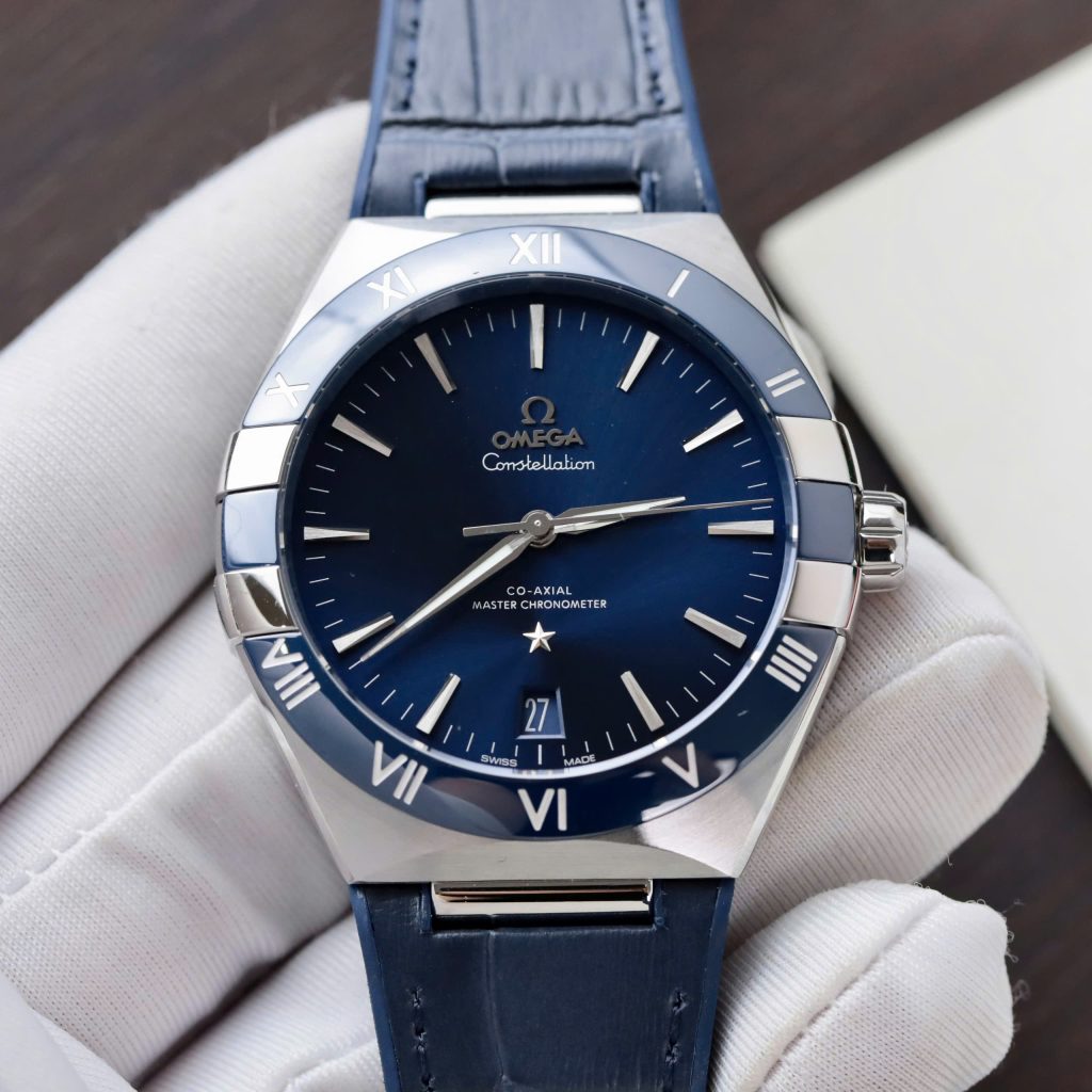 Đồng Hồ Omega Constellation Nam Replica 11 Dây Da Xanh Blue Nhà Máy VS 41mm