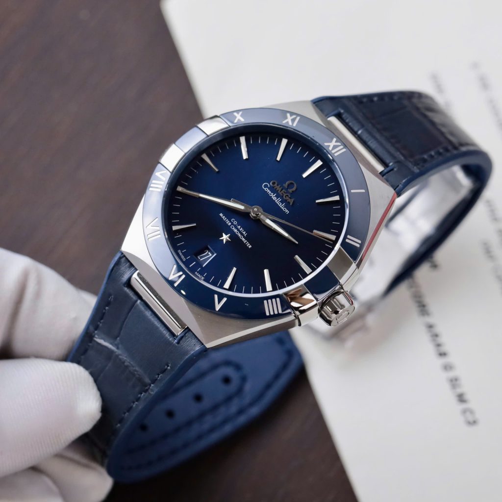 Đồng Hồ Omega Constellation Nam Replica 11 Dây Da Xanh Blue Nhà Máy VS 41mm