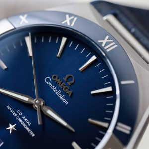 Đồng Hồ Omega Constellation Nam Replica 11 Dây Da Xanh Blue Nhà Máy VS 41mm