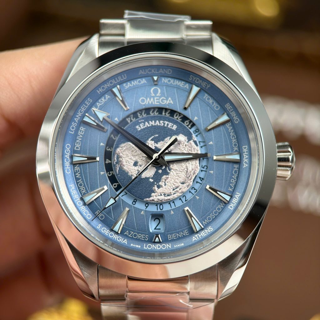 Đồng Hồ Omega Seamaster Rep11 Aqua Terra Worldtimer Màu Xanh Dương Dây Kim Loại 43mm