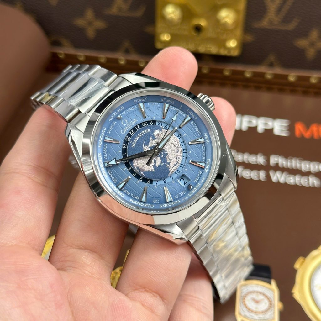 Đồng Hồ Omega Seamaster Rep11 Aqua Terra Worldtimer Màu Xanh Dương Dây Kim Loại 43mm