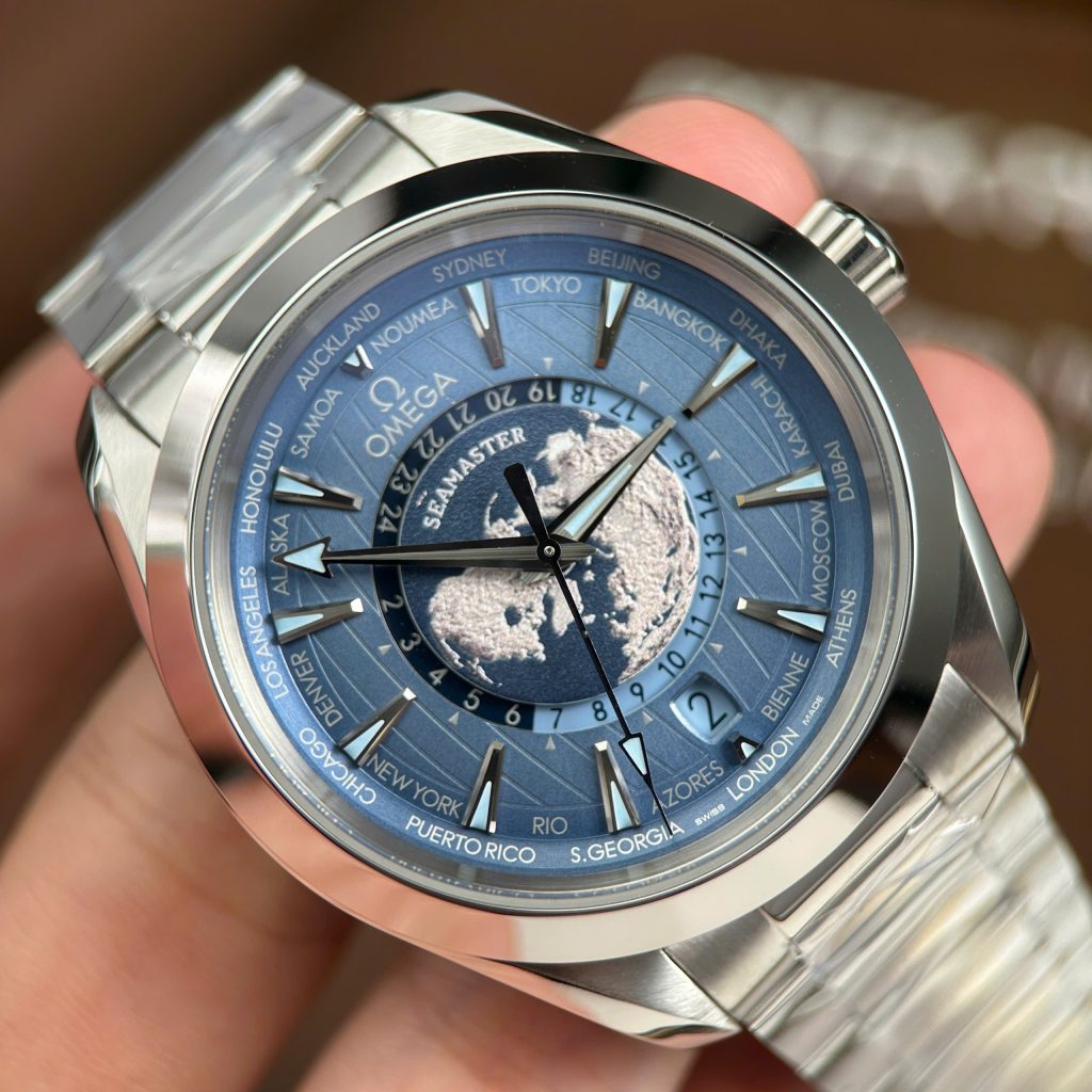 Đồng Hồ Omega Seamaster Rep11 Aqua Terra Worldtimer Màu Xanh Dương Dây Kim Loại 43mm
