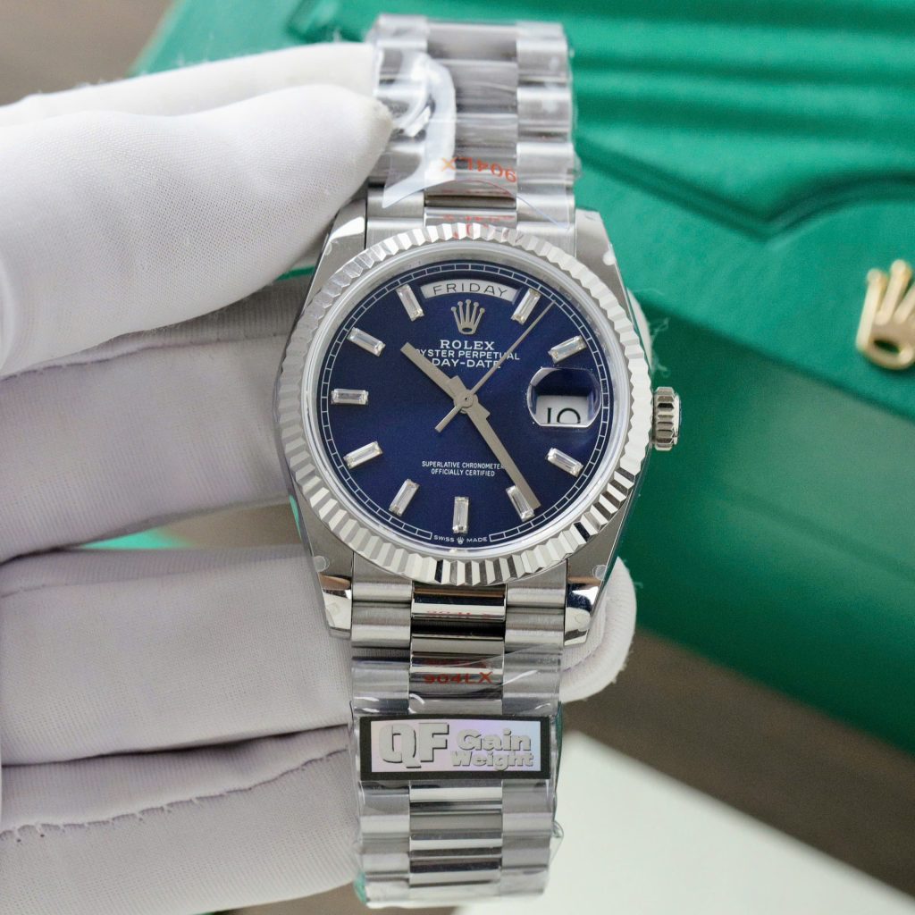 Đồng Hồ Rolex Day-Date 128236 Chế Tác Mặt Xanh Blue Cọc Số Đá Trọng Lượng 159gr Xưởng QF 36mm