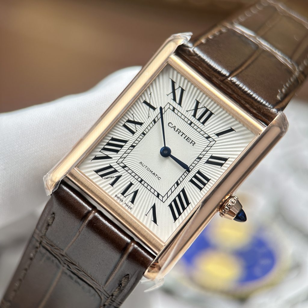 Đồng hồ Cartier Tank Louis mặt trắng mạ vàng hồng máy cơ tự động Fake Cao Cấp 27.8×38.1mm