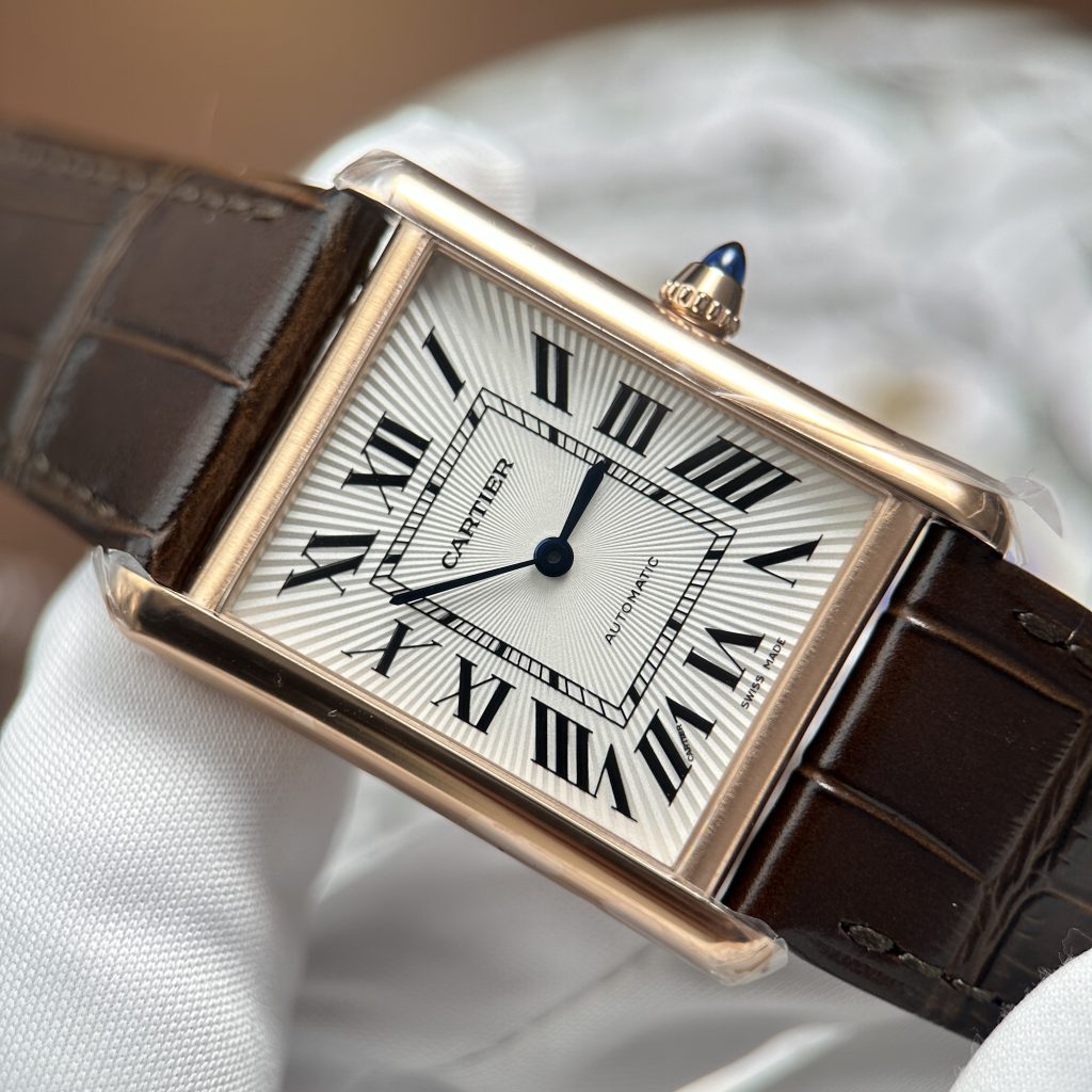 Đồng hồ Cartier Tank Louis mặt trắng mạ vàng hồng máy cơ tự động Fake Cao Cấp 27.8×38.1mm