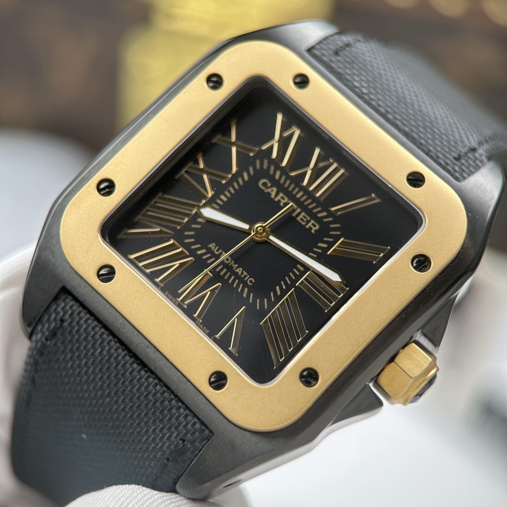 Đồng Hồ Cartier Santos 100 XL Black ADLC Chế Tác Mặt Đen Viền Vàng 41x51mm