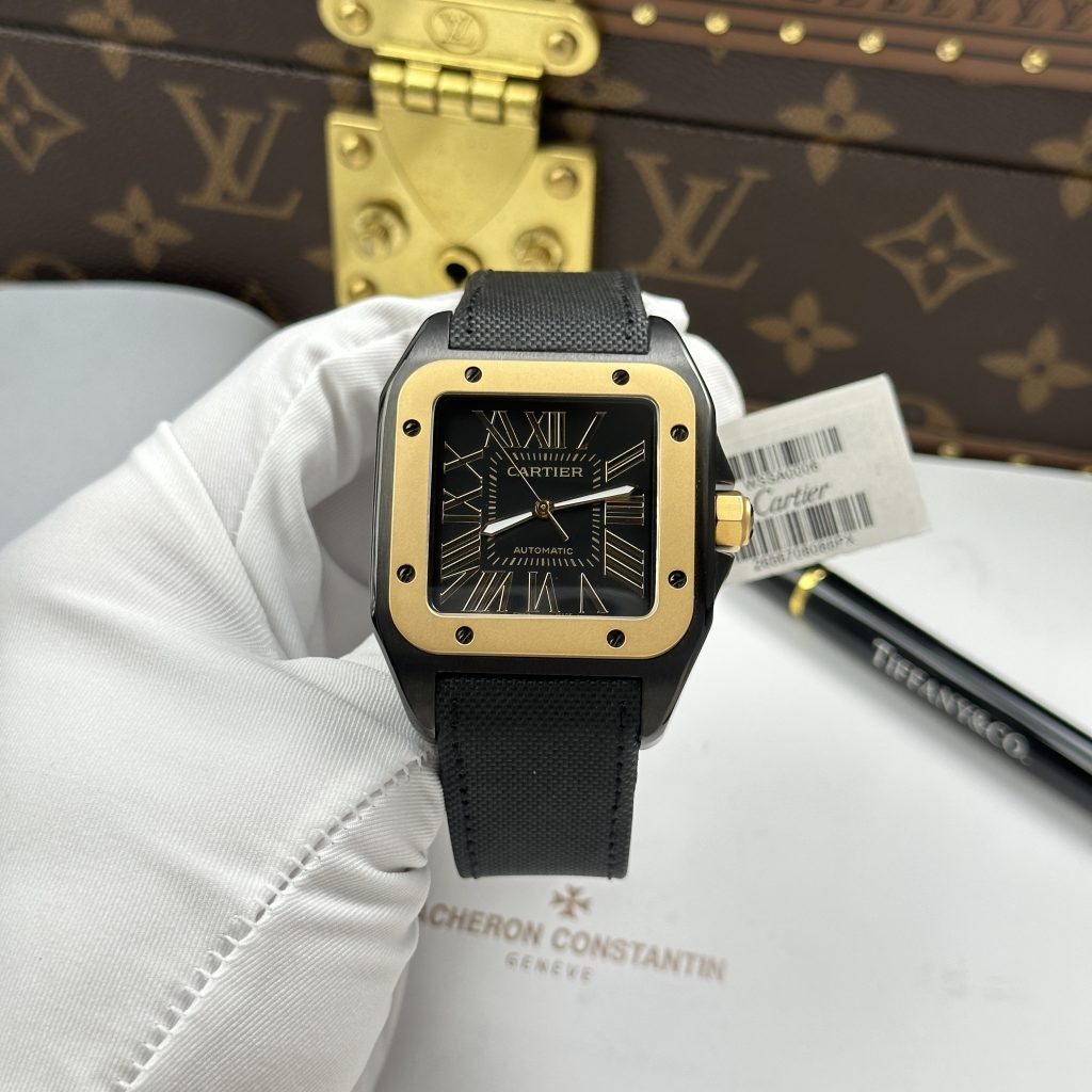 Đồng Hồ Cartier Santos 100 XL Black ADLC Chế Tác Mặt Đen Viền Vàng 41x51mm