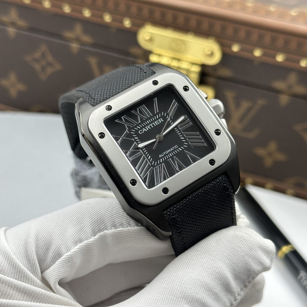 Đồng Hồ Cartier Santos 100 XL Replica 11 Vỏ Mạ ADLC Mặt Đen Viền Xám 41x51mm