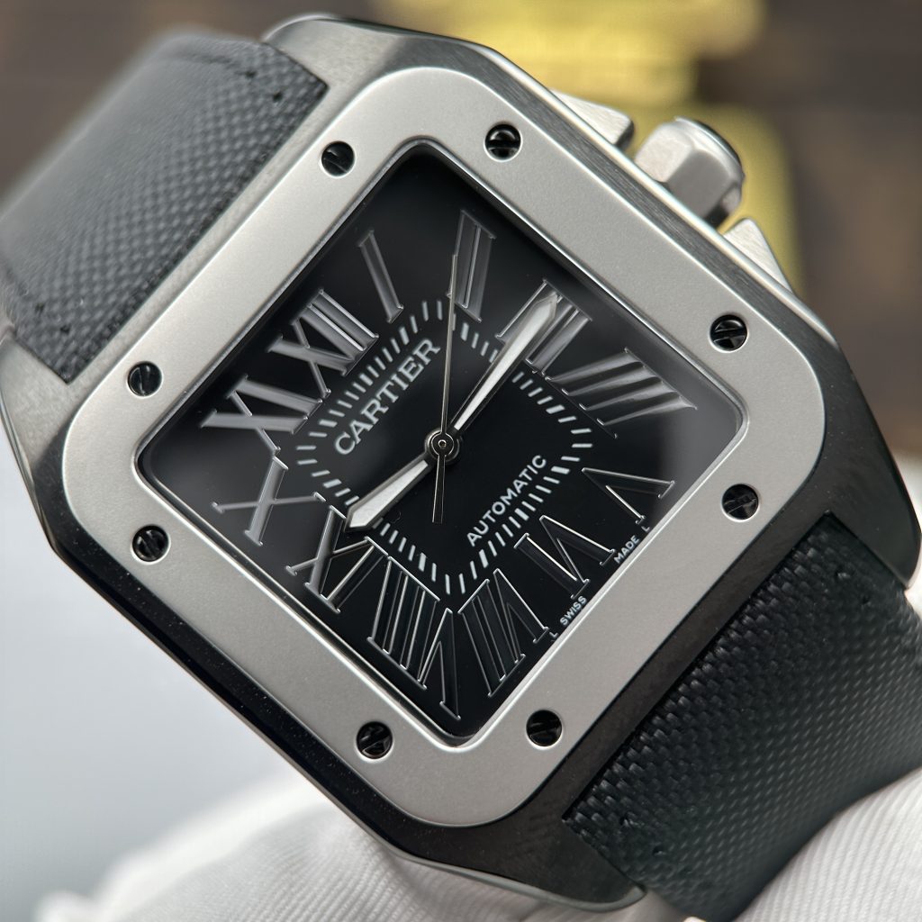 Đồng Hồ Cartier Santos 100 XL Replica 11 Vỏ Mạ ADLC Mặt Đen Viền Xám 41x51mm