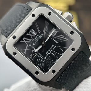 Đồng Hồ Cartier Santos 100 XL Replica 11 Vỏ Mạ ADLC Mặt Đen Viền Xám 41x51mm