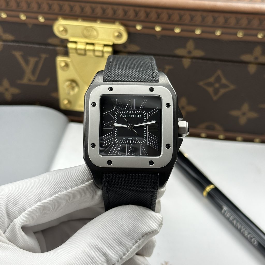 Đồng Hồ Cartier Santos 100 XL Replica 11 Vỏ Mạ ADLC Mặt Đen Viền Xám 41x51mm