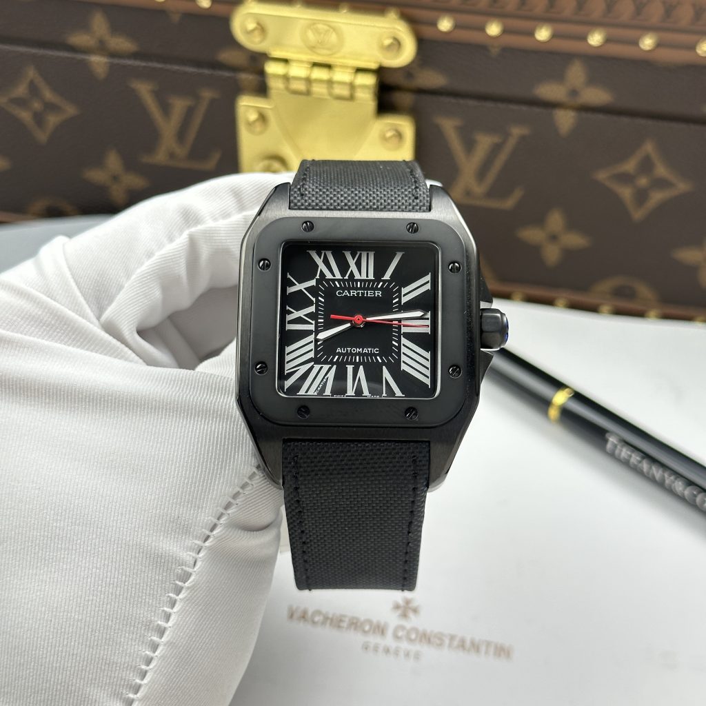 Đồng Hồ Cartier Santos 100 XL Replica Luxury Vỏ Mạ ADLC Mặt Đen 41x51mm