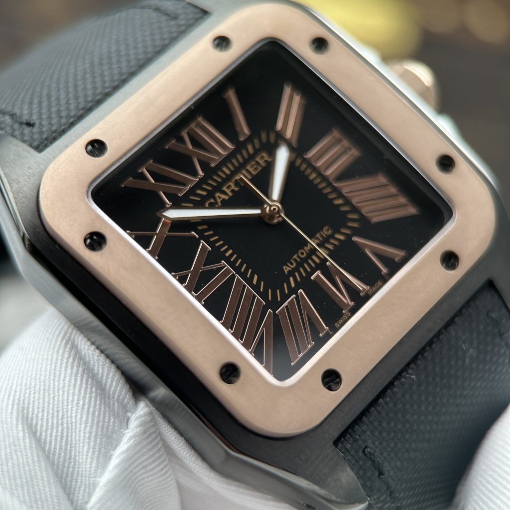 Đồng Hồ Cartier Santos Fake Cao Cấp 100 XL Black ADLC Mặt Đen Viền Vàng Hồng 41x51mm