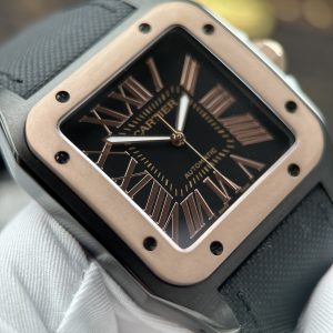 Đồng Hồ Cartier Santos Fake Cao Cấp 100 XL Black ADLC Mặt Đen Viền Vàng Hồng 41x51mm
