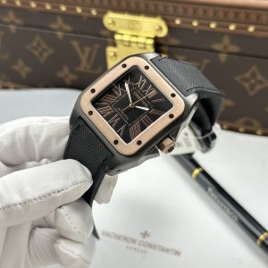 Đồng Hồ Cartier Santos Fake Cao Cấp 100 XL Black ADLC Mặt Đen Viền Vàng Hồng 41x51mm