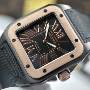 Đồng Hồ Cartier Santos Fake Cao Cấp 100 XL Black ADLC Mặt Đen Viền Vàng Hồng 41x51mm