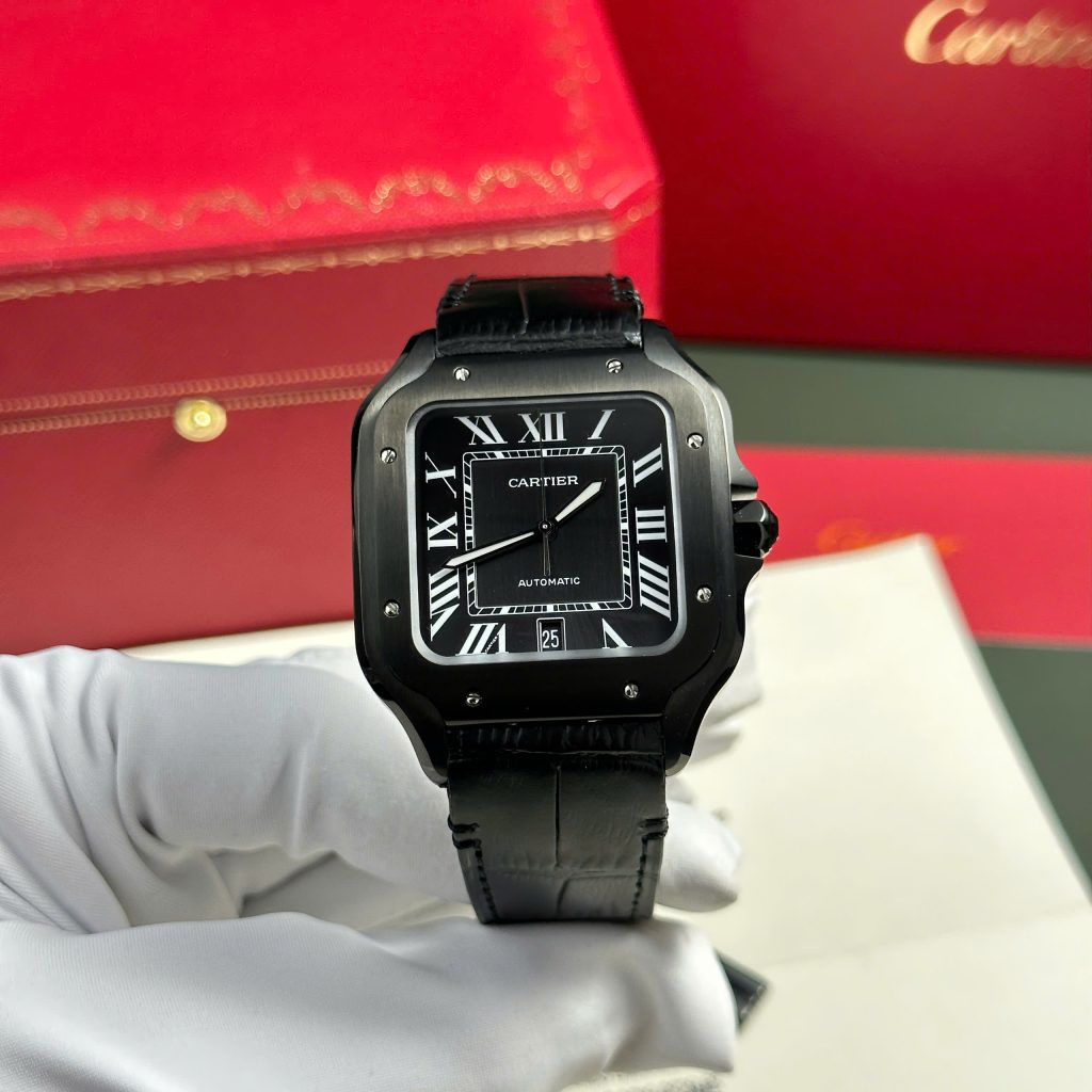 Đồng Hồ Cartier Santos de Cartier Replica Luxury Dây Da Đen Nhà Máy BV 39.8mm